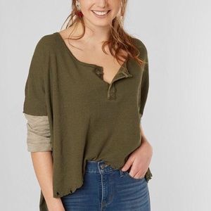 Free People High-Lo Knit 2 Tone Henley Army Green